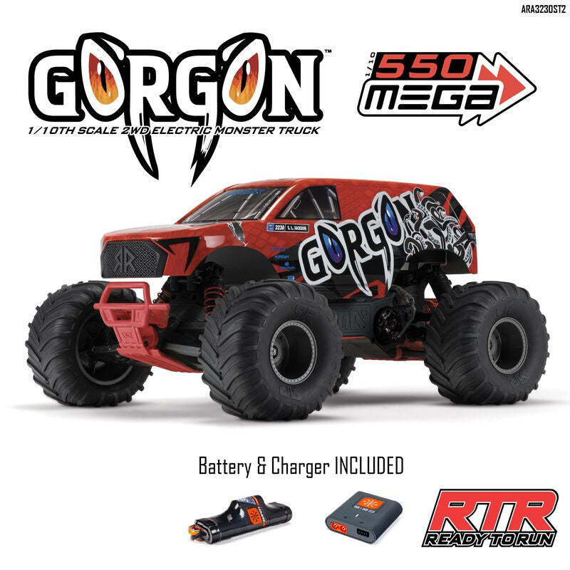 ARRMA 1/10 GORGON 4X2 MEGA 550 Brushed Monster Truck RTR with Battery & Charger, Red