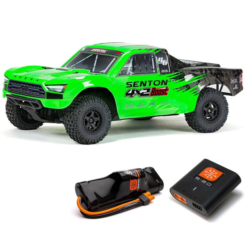 ARRMA SENTON BOOST 4X2 550 Mega 1/10 2WD SC Smart Spektrum USB Charger and Battery Green/Black (ARA4103SV4T1)